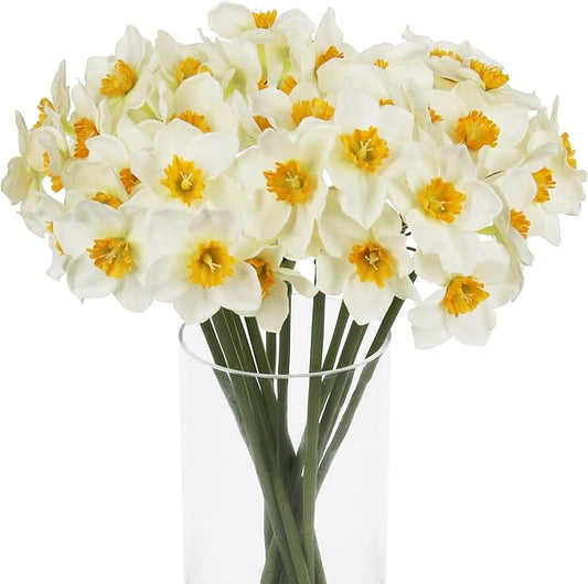 Tinsow Artificial Daffodil Flowers 15.8 Inches Narcissus Spring Flower Fake Silk Flower Arrangement for Home Wedding Decor (White, 12)
