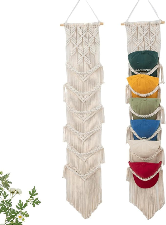 Macrame Cap Holder, Boho Hats organizer for baseball Caps, Hat Rack for Wall Hanging Decoration, Cap Rack for collection Display, Handmade Cap Hanger Storage Organizer (Six hats)
