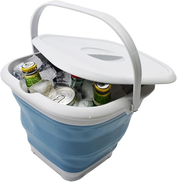 SAMMART 8.5L (2.2 gallon) Collapsible Square Handy Bucket with Lid/Foldable SquareWater Pail with Lid/Portable Tub with Handle and Lid. Size 31x31cm (Grey/Steel Blue, 1)