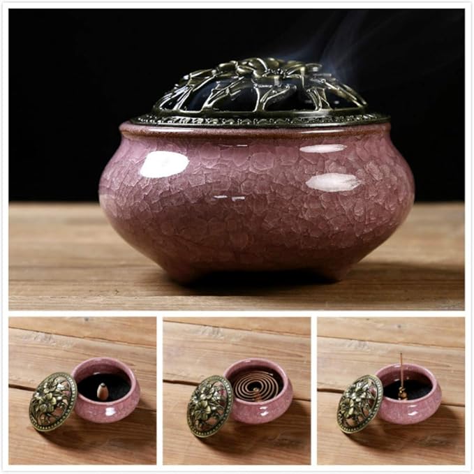 Ceramic Incense Burner with Incense Stick Holder + Insulation use for Stick or Coil Incense, Sage Cones and Frankincense (Violet)