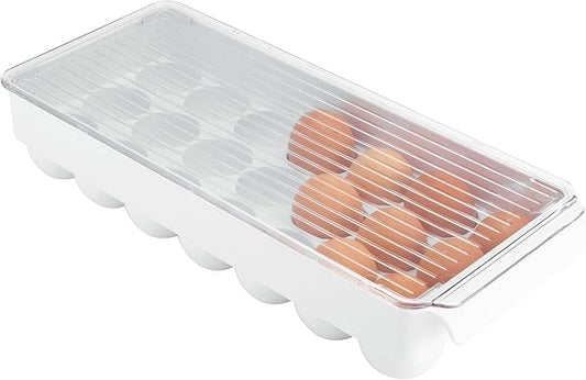 iDesign Plastic Egg Holder with Lid and Handle - Holds 21 Eggs - Clear/White - Made in USA