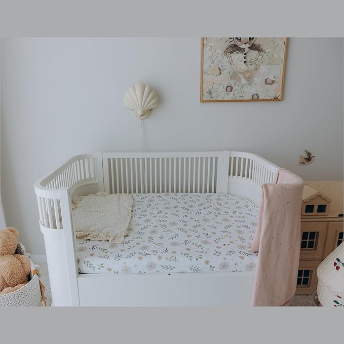 Baby Crib Fitted Sheet, 100% Cotton Knitted Jersey, Fit Standard Crib Mattresses, Fitted Crib Sheets, Super Soft, Toddler Fitted Sheet, Unisex,2 Pack,Green/Flowers, 28x52x9'