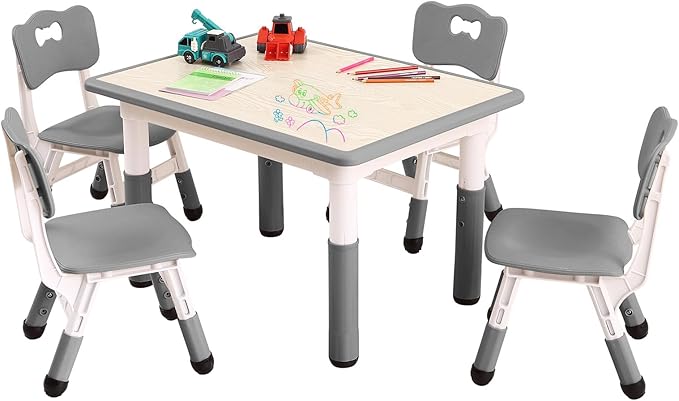 Kids Table and Chairs Set, Height Adjustable Desk With 4 Seats for Ages 2-10,Arts & Crafts Table,Graffiti Desktop, Non-Slip Legs, Max 300lbs, Children Multi-Activity Table for Classrooms,Daycares,Home