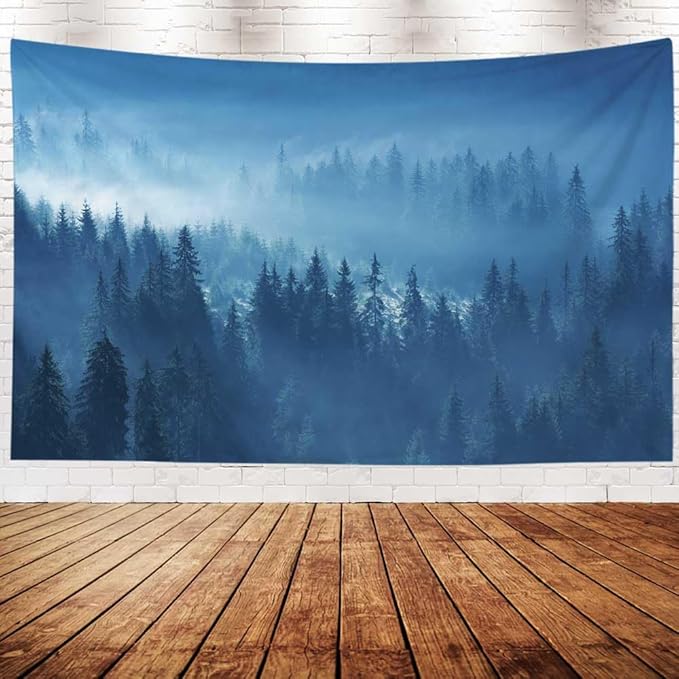 EMMTEEY Forest Wall Hanging - Mystical Mountain Pine Forest in Fog Scenic Tapestry, 60x40, Perfect for Families