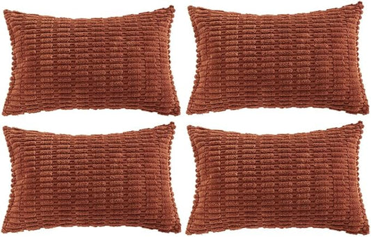 Fancy Homi 4 Packs Rust Decorative Throw Pillow Covers 12x24 Inch for Living Room Couch Bed Sofa, Terracotta Rustic Farmhouse Boho Home Decor, Soft Plush Striped Corduroy Square Cushion Case 30x60 cm
