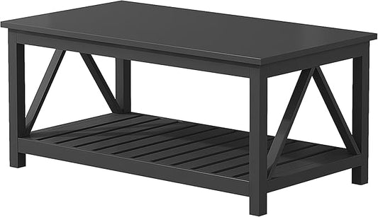 ChooChoo Coffee Table, Rustic Vintage Living Room Table with Shelf, 40 Pure Black