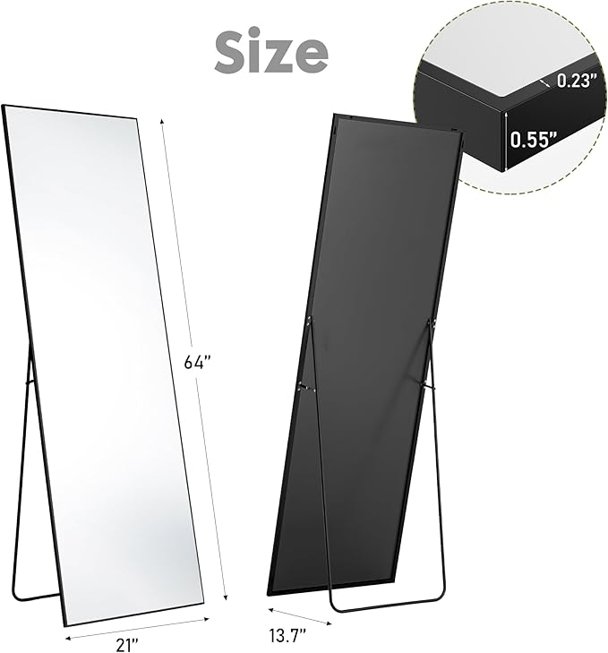 Sweetcrispy 64"x21" Full Length Mirror, Standing or Leaning Full Body Mirror with Aluminum Alloy Thin Frame, Suitable for Bedroom or Cloakroom,Black