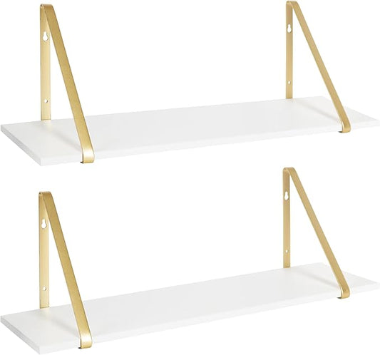 Kate and Laurel Soloman White Wooden Shelves with Gold Metal Brackets, 2 Piece Set