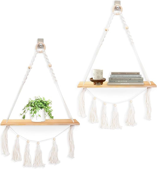 Macrame Wall Hanging Shelves,Boho Decor Floating Shelves Set of 2，Wood Floating Shelves for Wall No Drilling for Plants Photos,Women Girls Bedroom Decor,Living Room (Wooden Two-Pack)