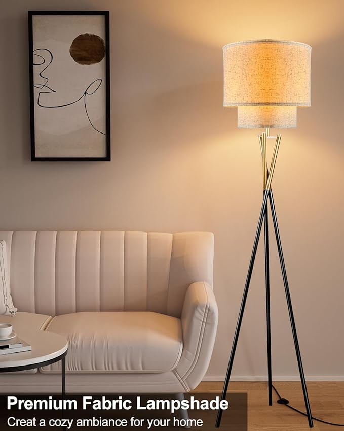 Lightdot Glod &Black Tripod Floor Lamp, Modern Floor Lamps for Living Room, Standing Lamp with Double Linen Shade, E26 Bulb Included, 67.7" Tall Floor Lamp for Bedroom, Home Office