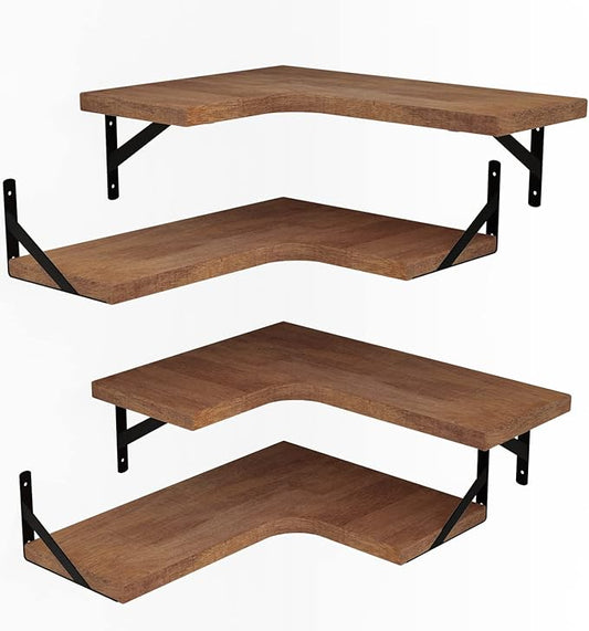 LEOPO Corner Floating Shelves Set of 4, Hardwood Storage Shelves, Cozy & Dependable Floating Shelves for Bedroom, Living Room, Kitchen, Office and More