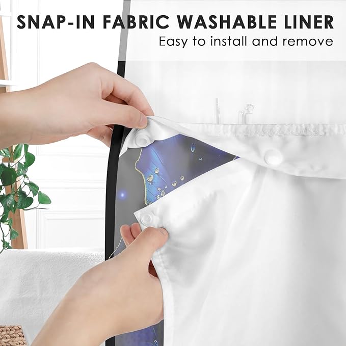 Blue Rose Floral No Hook Shower Curtain with Snap in Liner, Butterfly Flower Grateful Blessed Bath Curtain with Double Layers Waterproof Fabric and Mesh Top Window 71x74 Inch