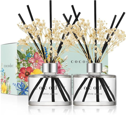 COCODOR Preserved Flower Reed Diffuser/White Jasmine/6.7oz/2Pack / Home Fragrance Scent Essential Oil Stick Diffuser for Bedroom Bathroom Home Décor