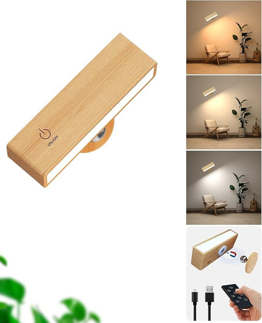 YiLaie LED Wall Sconces Rechargeable Wood,Battery Operated Wall Sconce with Remote,Wall Lights for Bedroom Wireless,Cordless Wall Lamp with 3 Color Temperature for Bedroom,Living Room,Bedside