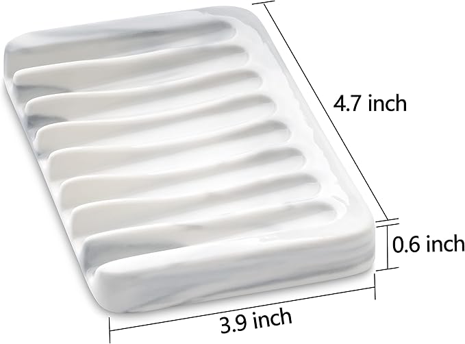 Ceramic Soap Dish for Sink,Self Draining Soap Dishes Saver for Shower Bar Soap Holder for Bathroom Soap Container Holder Dish for Kitchen,Marble Decor,White