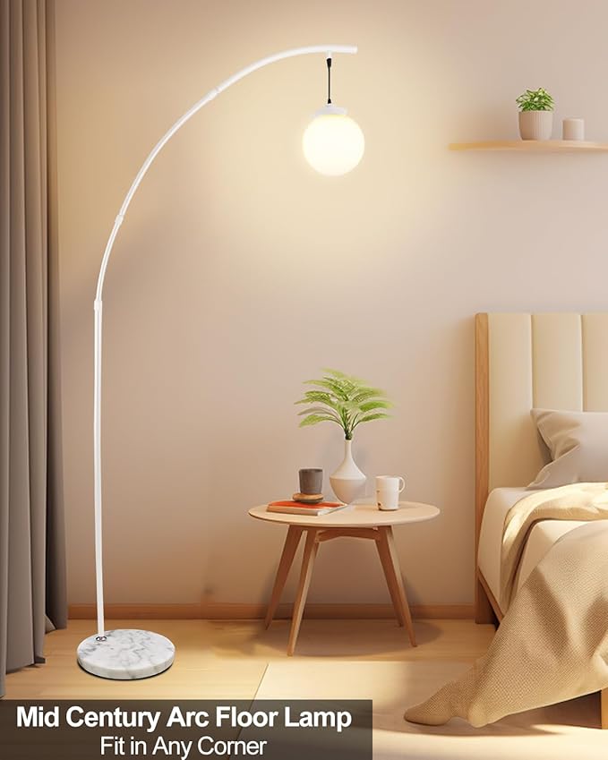 Lightdot Arc Floor Lamp for Living Room, 76Inch Tall Standing Lamp with Marble Base and Globe Bulbs Included, 3000K Warmwhite Modern Mid Century Floor Lamp for Bedroom & Home Office-White