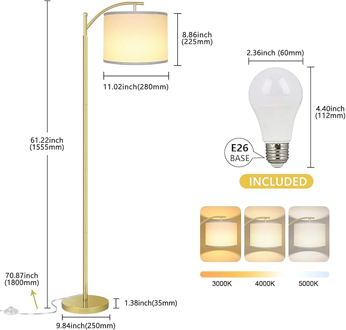ROTTOGOON Floor Lamp for Living Room, LED Standing Lamp with White Lamp Shades Tall Industrial Floor Lamp Reading for Bedroom, Office, Study Room, 9W LED Bulb Included -Gold