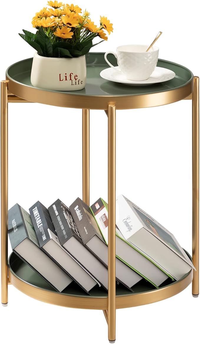 TeoKJ 2 Tier Gold Side Table, Folding Round Metal End Table Small Nightstand with Two Removable Tray for Bedroom Living Room Bedside Small Spaces Gold + Dark Green