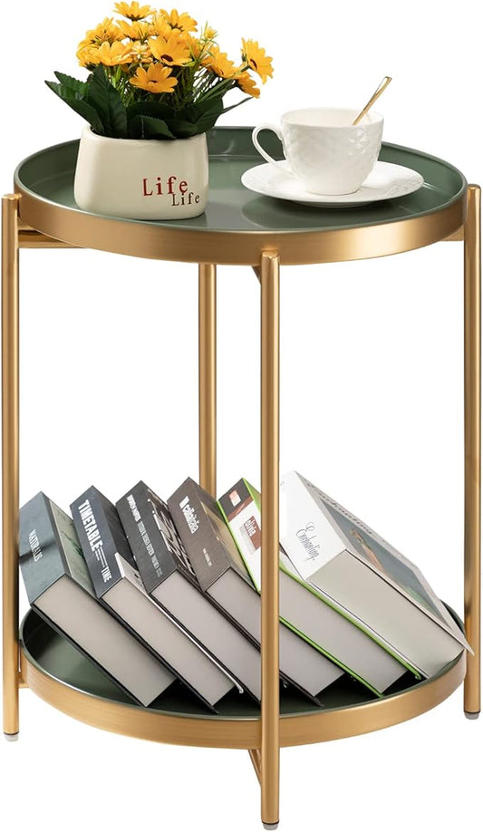 TeoKJ 2 Tier Gold Side Table, Folding Round Metal End Table Small Nightstand with Two Removable Tray for Bedroom Living Room Bedside Small Spaces Gold + Dark Green