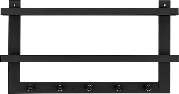 Danya B 2-Tier Ledge Wall Shelf Organizer with Five Hanging Coat or Towel Hooks - Perfect for Entryway or Bathroom (Black)