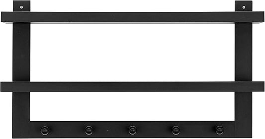 Danya B 2-Tier Ledge Wall Shelf Organizer with Five Hanging Coat or Towel Hooks - Perfect for Entryway or Bathroom (Black)