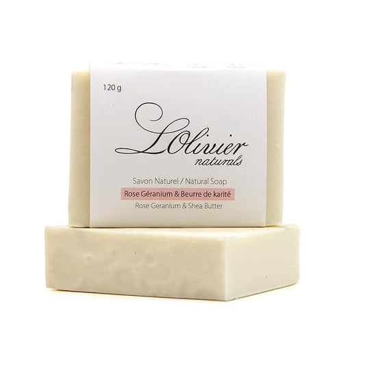 L'OLIVIER NATURALS Rose Geranium Bar Soap – 2 Pack, Handmade Natural Soap with Essential Oils – Floral Scented, Vegan, Gentle Cleanser for Face & Body, Made in Canada
