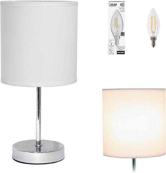 Simple Designs LT2007-WHT-LB Basic Chrome Mini Table Lamp for Living Room, Nightstand, Desk, Countertop, White, with Feit LED Bulb Included