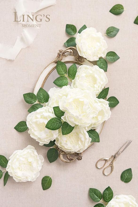 Ling's Moment Flowers 16pcs Ivory Blooming Peonies Artificial Flowers with Stem, Artificial Peony Flowers for DIY Wedding Decorations Centerpieces Bouquets Boutonnieres