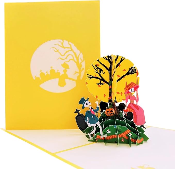iGifts And Cards Día de los Muertos Pop-Up Card – 3D Skeleton Couple Under Full Moon – Handmade Greeting for Day of the Dead, Halloween, Altar Offering, or Remembrance