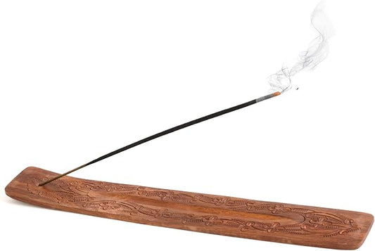Incense Garden Wood Incense Holder - Carved Wooden Ash Catcher - Hand Stained - 10 inches Long (Brown)
