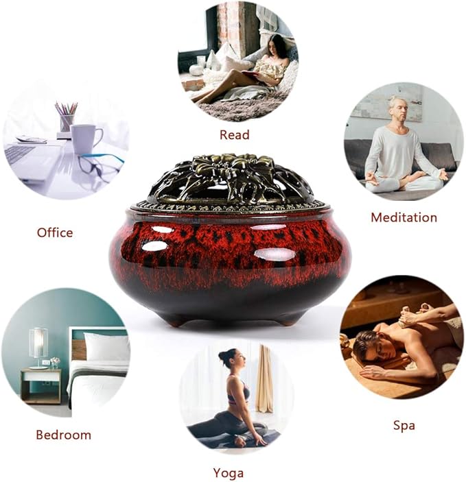 Ceramic Incense Burner with Incense Stick Holder + Insulation use for Stick or Coil Incense, Sage Cones and Frankincense (Fambe Red)