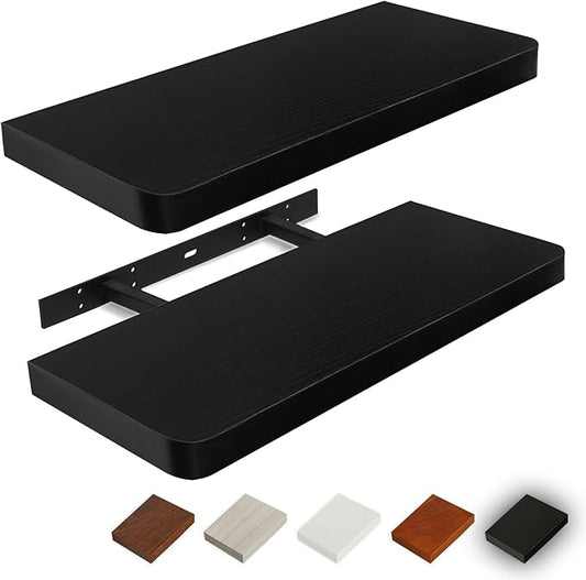 Floating Shelves for Wall, Wood Shelves with Invisible Brackets for Bathroom, Living Room, Bedroom and Kitchen, Long Wall Shelf for Books/Storage/Room Decor, 24 Inch, Set of 2, Black