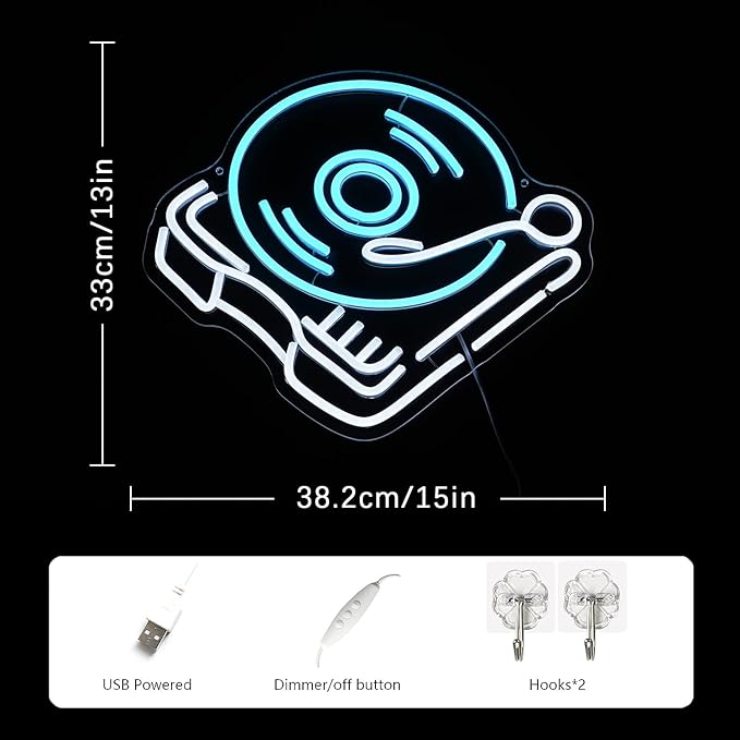 Record Player Neon Sign Retro Blue White Record Neon Light Neon Signs for Studio Decor Live Music Neon Light Sign for Bedroom Beer Bar Decoration