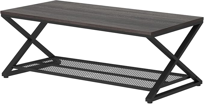 LVB Industrial Grey Coffee Table, Wood Metal 2 Tier Center Table with Storage, Rectangular Low Cocktail Table for Living Room, Farmhouse Concrete Tables for Home Office Bedroom, Dark Gray Oak, 47 Inch