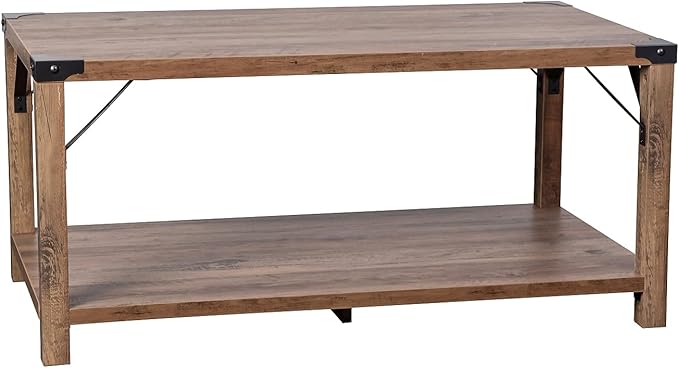 Flash Furniture Wyatt Modern Farmhouse 2 Tier Coffee Table - Rustic Oak Engineered Wood Frame - Black Metal Crisscross Side Braces and Corner Accents