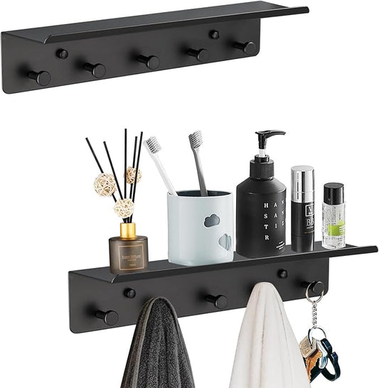 Towel Rack with Shelf Wall Mounted, Set of 2 Aluminum Bath Robe Hook, Outdoor Pool Holder or Bathroom Hot Tub Accessories, Metal Bathtub Hanger, Decor Display Storage for Hat Clothes Key Bag