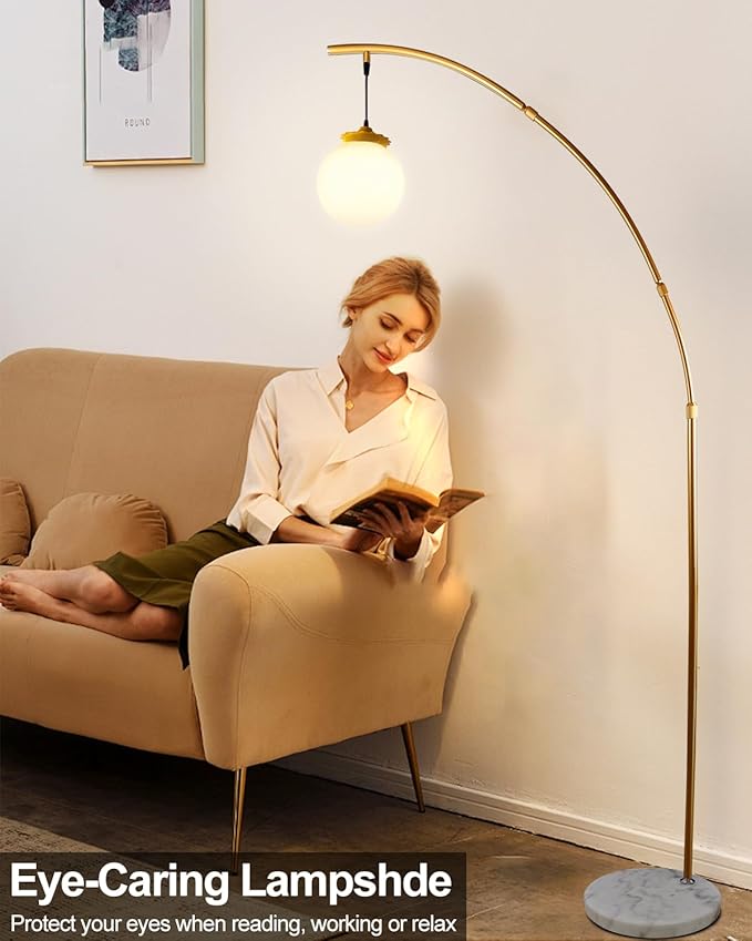 Lightdot Gold Modern Floor Lamp for Living Room, 76Inch Arc Tall Standing Lamp with Marble Base and Globe Bulbs Included, 3000K Warmwhite Modern Mid Century Floor Lamp for Bedroom & Home Office