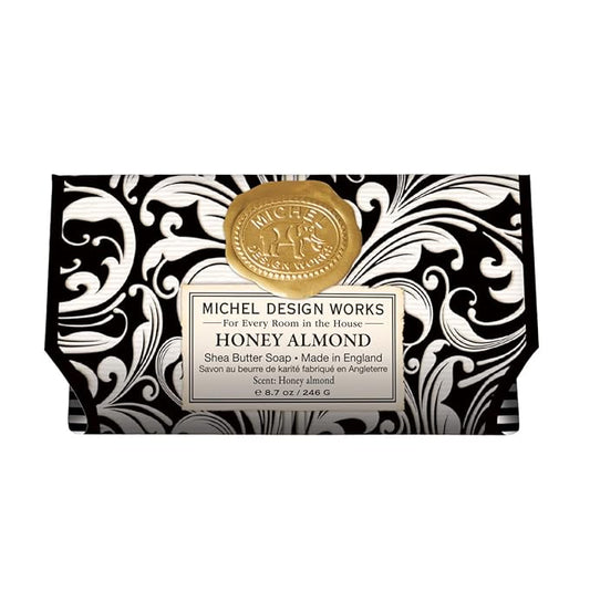 Michel Design Works Triple-milled and Handmade Large Bath Soap Bar, Honey Almond Scent and Design with Shea Butter, Long Lasting 8.7oz Bar