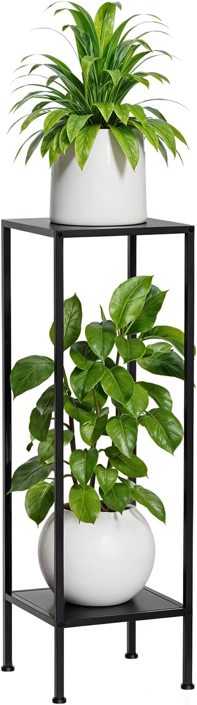 IDZO Tall Metal Plant Stand Black, 2 Tier Plant Stand Indoor and Outdoor, Modern Living Room Decor and Patio Display Shelf for Planters, Flowers, and Home Accessories