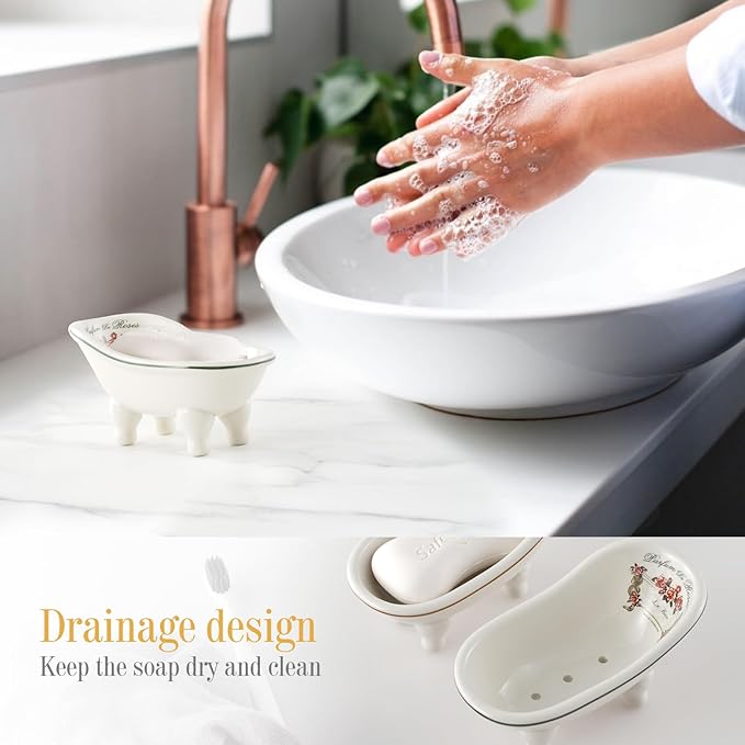 Retro Ceramic Bathroom Soap Dish for Shower - 2PCS - 5.6'' Porcelain Mini Bathtub Self Draining Soap Holder for Home Decor, Vintage Decortative Tray Rack, Outdoor Small Planters Set