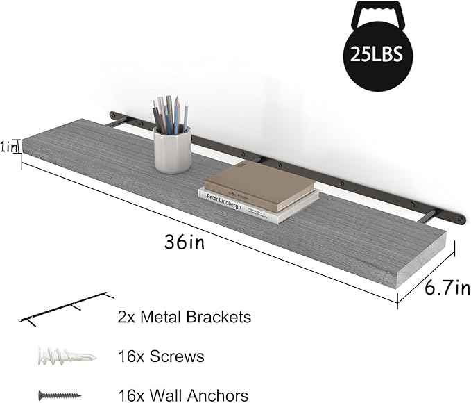 Floating Shelves 36 Inch Wall Shelf Solid Wood Mounted Storage for Bedroom Living Room Set of 2, Rustic Grey Wall Shelves