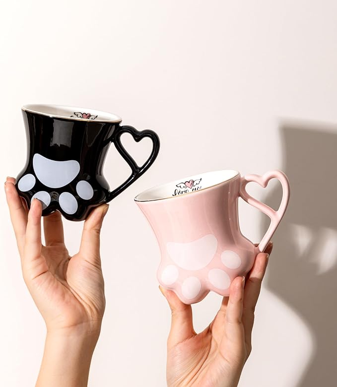 Cat Paw Coffee Mug - Pink and Black Set of 2, Perfect for Cat Lovers, Enjoy Your Coffee with These Cute Cat Paw Mugs, 10oz, Couple&Wedding, Best Festival Gifts(Black&Pink)