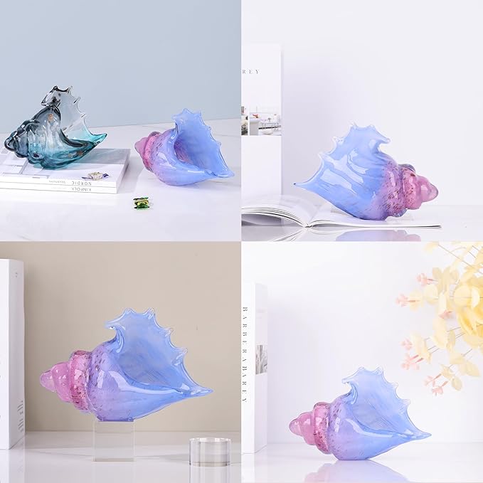 Hand blown glass conch statues, coastal home decor conch corners, glass art conch sculptures, office decor blown glass art, living room table centerpieces, bathroom shelf tops and cabinet decor.