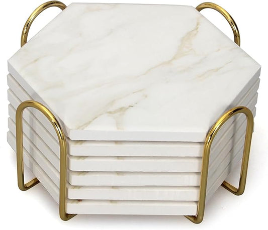 6Pcs White Marble Coaster Set with Holder Hexagon Ceramic Coasters Absorbent Coasters Drink Coasters Set for Coffee Table Bar Coasters Wine Coasters Modern Coasters Beer Coasters Cup Coasters