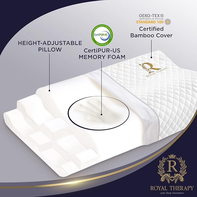 Royal Therapy Travel Memory Foam Pillow, Camping Pillow, Cervical Pillow for Neck Pain, Contour Pillow, Pillow for Neck and Shoulder Pain, Neck Pain Pillow