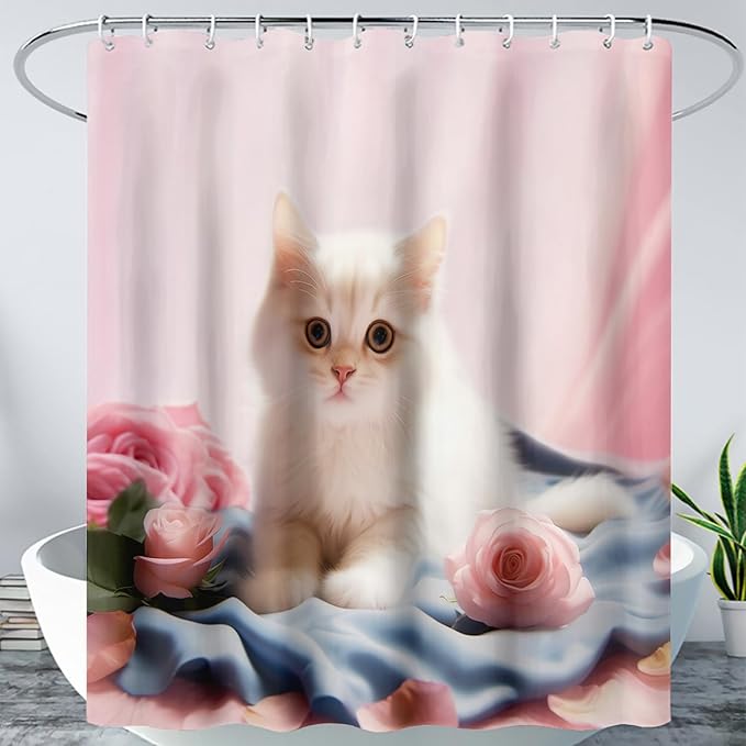 AILONEN 3D Beautiful Cat Shower Curtain,Kawaii Kitten Shower Curtain Set for Kids Boys Girls,Cat Lovers Animal Shower Curtain for Bathroom,Pink Rose Bath Curtain with Hooks,72" W*78" H