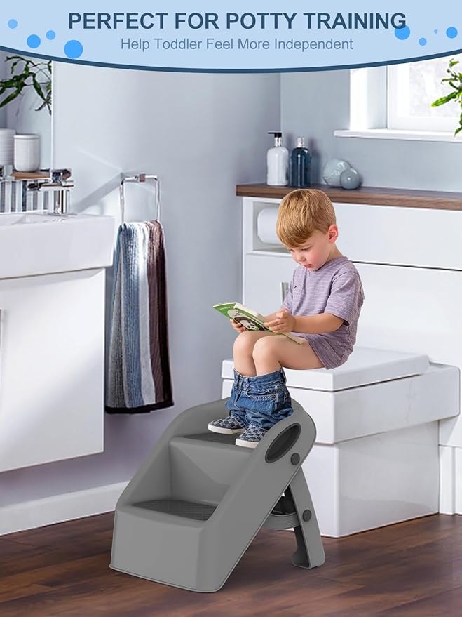 Toddler Kids Step Stool for Bathroom Sink Dark Grey | Foldable 2 Step Stool for Kids 1-4 Years Old | Dual Height 15.5" Child Kitchen Helper with Handles - Easy to Move, Slip-Resistant
