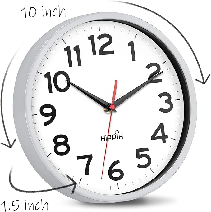 HIPPIH Wall Clock 2 Pack, 10 Inch Modern Wall Clocks Battery Operated, Non Ticking Silent Clock, Simple Small Analog Clocks for Living Room, Bedroom, School, Office Decor, Silver