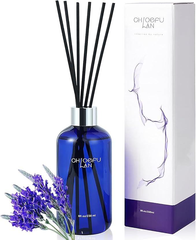 Chloefu Lan Lavender & Eucalyptus Reéd Diffuser,8.1 oz Natural Essential Scented Oil with Diffuser Sticks,Blue Jar, Living Room Decor, Diffuser Oil Gift Set