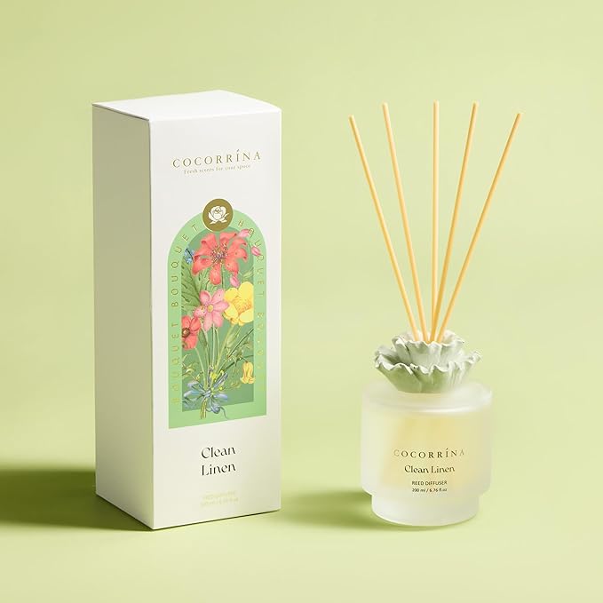 Cocorrina Gypsum Flower Reed Diffuser Set for Bathroom Décor – Clean Linen Scent, 6.76 oz with Sticks & Oil – Home Fragrance for Bathroom & Living Space
